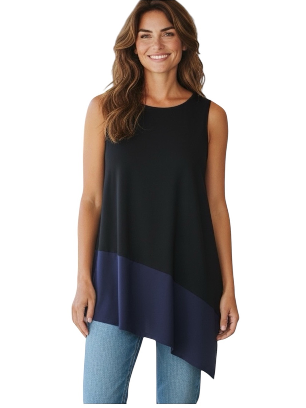 Eileen Fisher Asymmetrical Hem Viscose Jersey Tunic Black & Blue,‎ Size Large